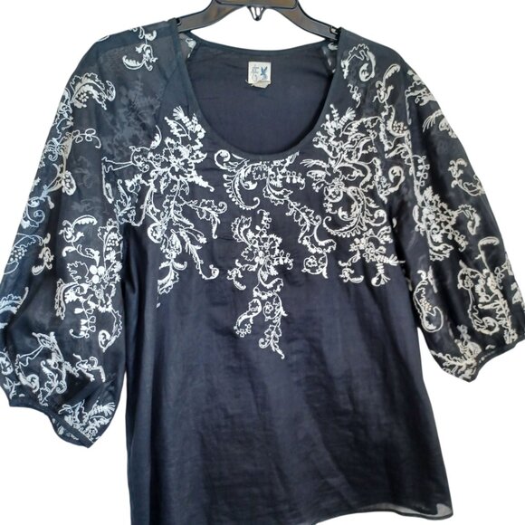 Anthropologie Top Edme & Esyllte Black Embroidered Puff Sleeve Blouse Womens 12 - Picture 8 of 8